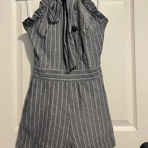 Pink Lily Dark grey and white striped romper